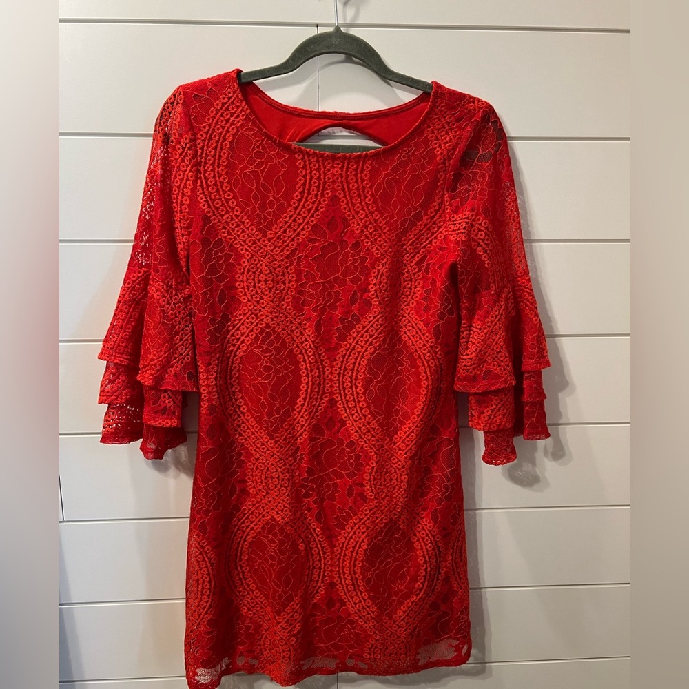 Red quarter sleeve lace mini dress